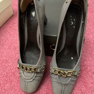 Staccato Grey, Leather Buckle Heel Shoe -- Size 38